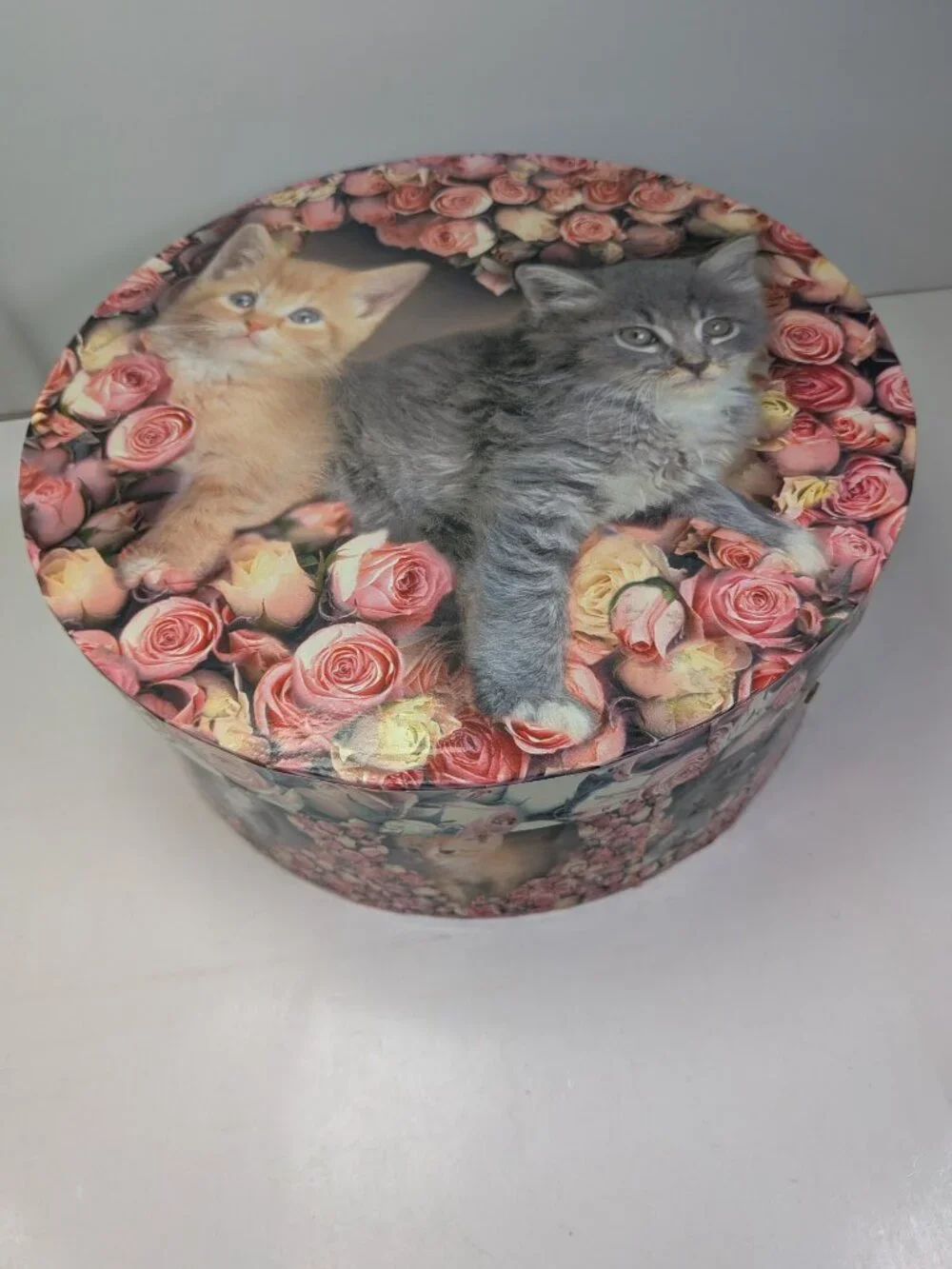 Vintage Large Round Kitten & Pink Roses Cardboard Hat Box Storage 12